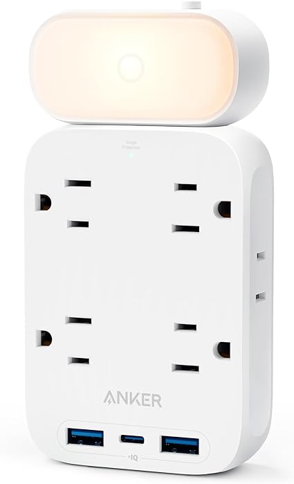 USB Wall Charger,Anker 6 Outlet Extender with 2USB A, 1USB C Ports,Built-in Lamp and Overload Protector with Stable and Rotating Plug, Multi Plug Adapter Spaced for Home Travel Office,TUV Listed