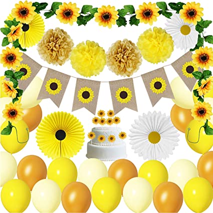 35 Pieces Sunflower Party Decorations Kit, Sunflower Banner Artificial Sunflower Vine Garland Yellow Balloons Paper Fans Pom Poms Cake Toppers for Sunflower Birthday Baby Shower wedding Party Decor