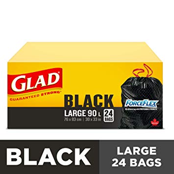 Glad Black Garbage Bags - Large 90 Litres - ForceFlex, Drawstring,  24 Trash Bags