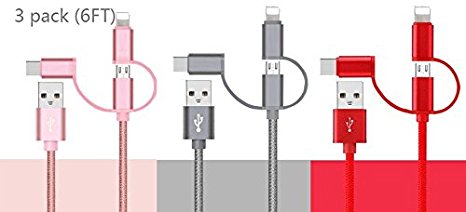 Evounic (3 Pack) 3.3 ft Multi USB Cable Micro Lightning and USB C 3 in 1 Charger Multiple USB Charging Cord for iPhone, Samsung Phone and Other iOS Android Cell Phone