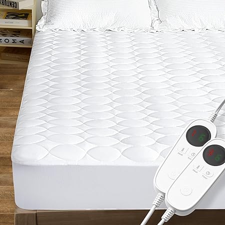 MASVIS Heated Mattress Pad Queen Size with Dual Control Water-Resistant Electric Mattress Pad Cover Bed Warmer with Deep Pocket, Machine Washable, White