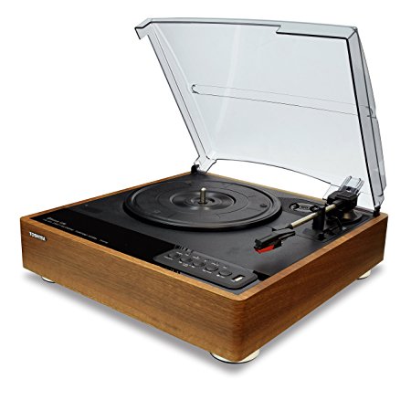 Toshiba TY-LP30T Vinyl Record Player Turntable: 7.7” 3-Speed Bluetooth Turntables - Stereo Speakers, Encoder (Wood)