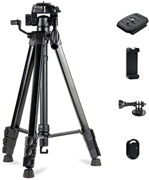 Phinistec 60” Camera Tripod Stand for Smartphone, DSLR, Gopro, Projector, with Universal Cellphone Mount, Bluetooth Remote, Gopro Adapter (Matte Black)