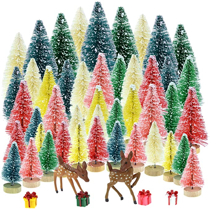 Yookat 51Pcs Mini Pine Trees Artificial Mini Trees with Wood Base Sisal Trees Bottle Brush Trees Assorted Color and Deer Boxes Winter Snow Ornaments for Christmas Decoration