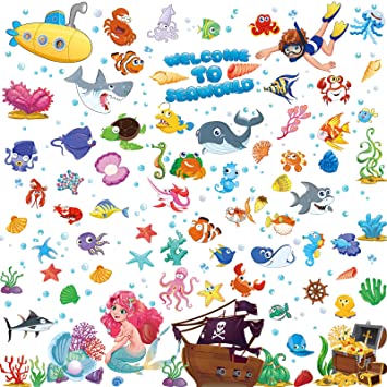 Ocean Fish Wall Decals Undersea Wall Stickers Removable Ocean Wall Decals Watercolor Ocean Animal Stickers for Kids Bathroom Bedroom Playroom Decoration