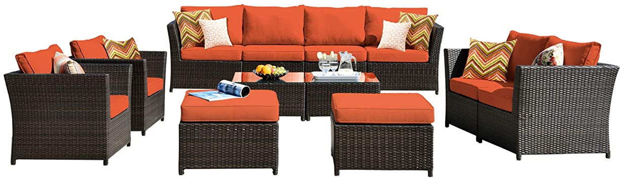 ovios Patio Furniture Set, Backyard Sofa Outdoor Furniture 12 Pcs Sets,PE Rattan Wicker sectional with 2 Pillows and 2 Piece Patio Furniture Cover, No Assembly Required (12 Piece, Orange red)