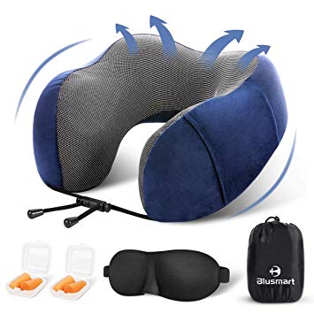 Blusmart Travel Pillow Comfortable Memory Foam,U-Shaped Adjustable Airplane Car Flight Pillow,Full Chin Head Support,Breathable Case Cover,Travel Kit with Sleep Mask, 2 Earplugs