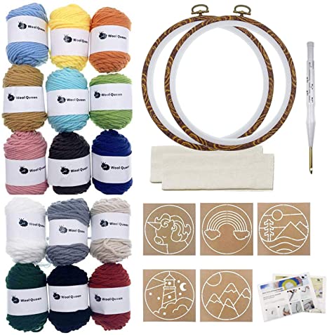 Wool Queen Punch Needle Beginner DIY Kit, 1 Punch Tool /15 Colors Yarn/Two 8.4'' Imitated Wood Hoops & Monk's Cloth and 5 Design Patterns for Kids Starters Craft Gift