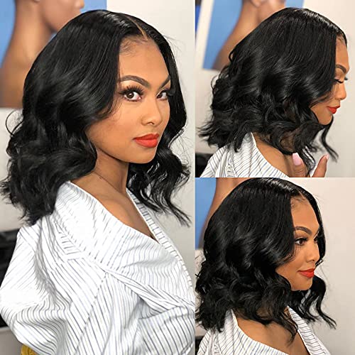 MDL Body Wave Lace Closure Wig Human Hair Wet and Wavy Natural Black 14 Inch 4x4 Lace Closure Wig Human Hair Wigs for Black Women Brazilian Hair Pre Plucked Bleached Knots
