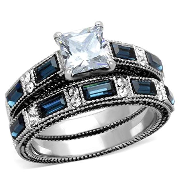 Vip Jewelry Co 3.45 Ct Princess Cut Clear & Blue CZ Stainless Steel Wedding Set Women's Size 5-10