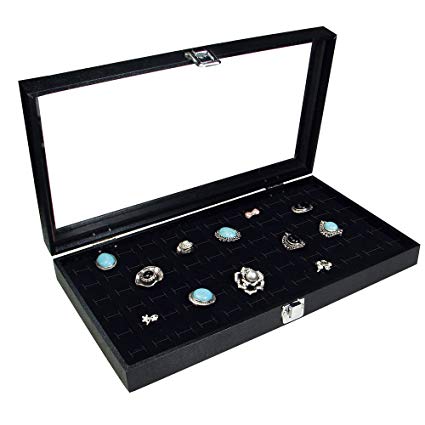 Ikee Design Glass Top Black Jewelry Display Case With 72 Slot Ring Tray 14 3/4" W x 8 1/4" D x 2 1/8" H
