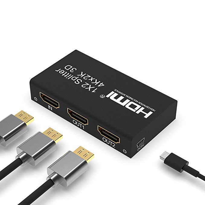 HDMI Splitter 1 in 2 Out, 1x2 Powered Splitter, HDMI V1.4 Supports Full 4K HD 1080P, 2160P & 3D Resolutions for DVD Player, Laptop, HDTV or Other Devices to Two Display Devices with HDMI Ports.