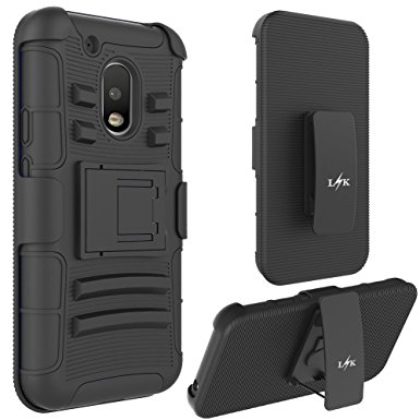 Moto G Play Case, LK [Heavy Duty] Black Armor Holster Defender Protective Hybrid Case Cover with Belt Swivel Clip for Motorola Moto G4 Play