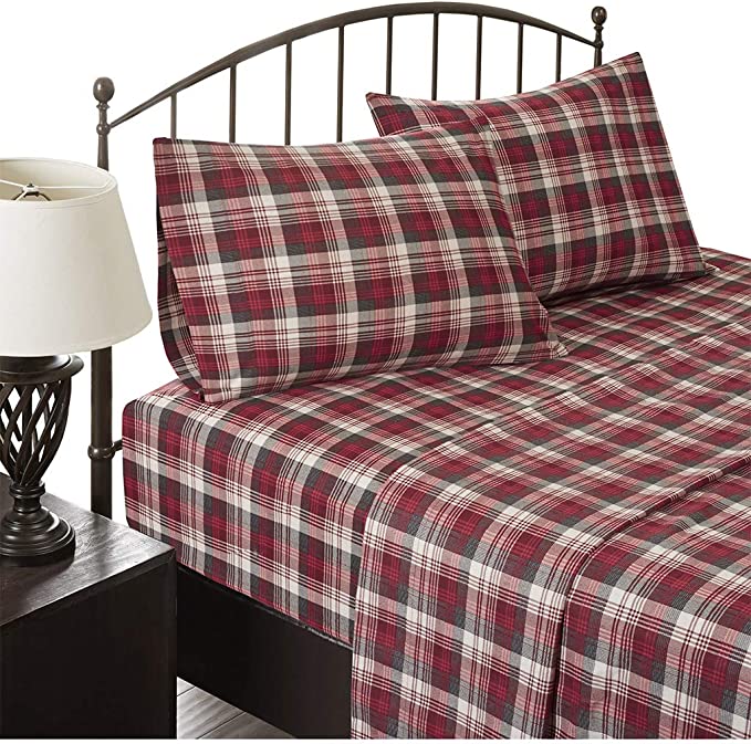 Woolrich Flannel 100% Cotton Sheet Set Warm Soft Bed Sheets with 14" Deep Pocket Cabin Lifestyle, Cold Season Cozy Bedding Set, Matching Pillow Case, Queen, Red Plaid, 4 Piece