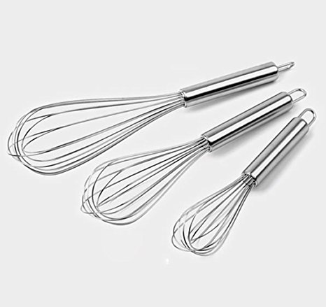 Bekith 3 Piece Stainless Steel Hand Whisk Egg Frother-- Stainless Steel French Whip - Handle Milk Egg Beater Whisk Shaker Frother - Kitchen Blende