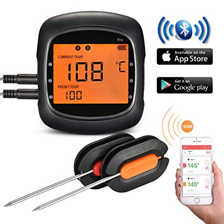 Meat Thermometer, TOPELEK Bluetooth BBQ Thermometer Grill Thermometer Large Backlit Display, Instant Reading, Magnetic Mounting, 2 Probes Included for Cooking, Kitchen, Food, Grill, BBQ, Steak, Turkey, Chicken etc.(Battery Included)