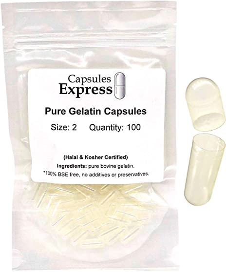 Capsules Express- Size 2 Clear Empty Gelatin Capsules 100 Count - Kosher and Halal Certified - Gluten-Free Pure Bovine Gelatin Pill Capsule - DIY Powder Filling
