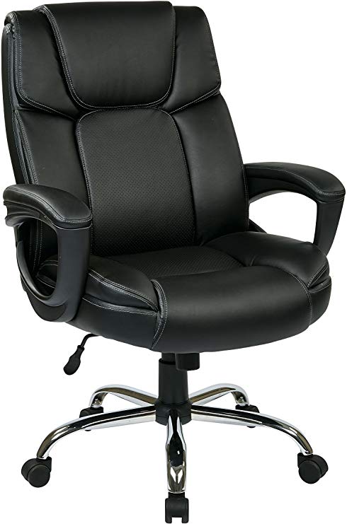 Office Star Executive Black Eco Leather Big Mans Adjustable Office Chair with Padded Loop Arms and Chrome Base