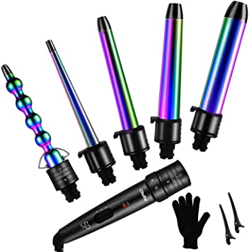 5 in 1 Curling Iron Wand Set, Ohuhu Upgrade Curling Waver With 5Pcs 0.35 to 1.25 Inch Interchangeable Ceramic Barrels and Heat Protective Glove for Girls Women Gifts, Rainbow Color