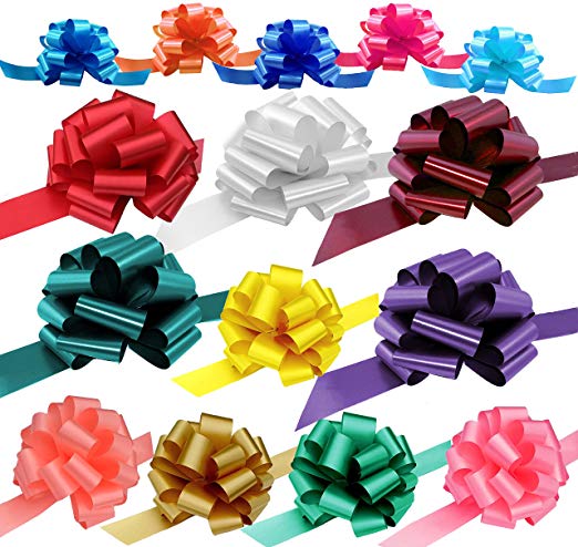 Assorted Gift Pull Bows for Easter, Christmas, Birthdays - Various Sizes, Set of 15, Red, Blue, White, Green