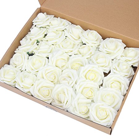 Artificial Flower Rose,Marry Acting 30pcs Real Touch Artificial Roses for DIY Bouquets Wedding Party Baby Shower Home Decor (Ivory)