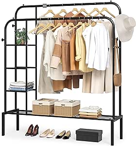 JOISCOPE Garment Rack, Freestanding Hanger Double Rods Multi-functional Bedroom Clothing Rack, with Double layer Bottom Shelves and 4 Hooks, for Bedroom, 49.4 inch, Black