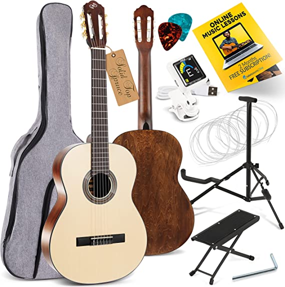 Pyle 6 Classical Acoustic Guitar w/Gig Bag, Tuner, Nylon Strings, Picks, Strap, for Beginners, Adults, Right, Premium Solid Spruce Top (PGACLS100)