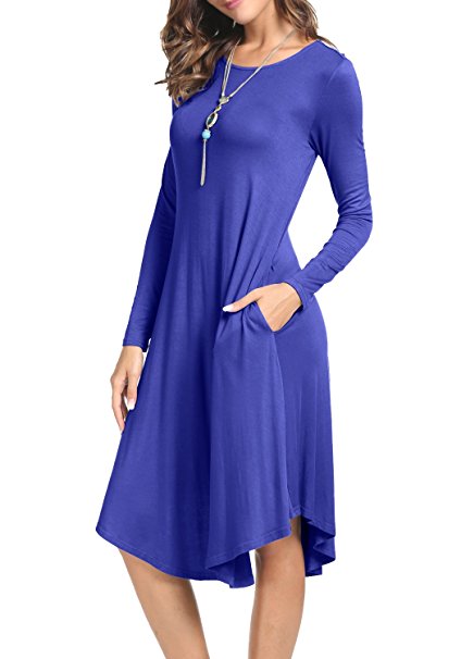 levaca Women's Plain Long Sleeve Pockets Pleated Loose Swing Casual Midi Dress