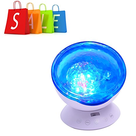 Baby Night Light Projector Remote Control Ocean Wave night light Kids night light with music 7 Colors Change for Baby Bedroom(White)