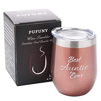 Pufuny Best Auntie Ever Stainless Steel Wine Tumbler with Lid,Insulated Stemless Wine Glass,Mug, Perfect Auntie Gift for Birthday, Christmas, New Aunt, Aunt To Be 12 oz