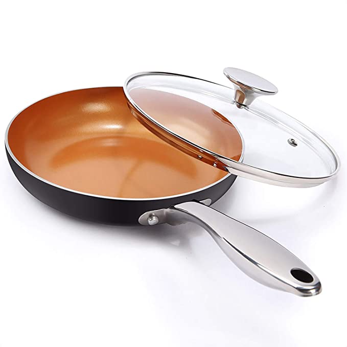 MICHELANGELO Frying Pan with Lid, Frying Pan Nonstick with Ceramic Titanium Coating, 20CM Small Copper Frying Pan with Lid, 20CM Small Skillet with Lid, Ceramic Fry Pan, Induction Compatible