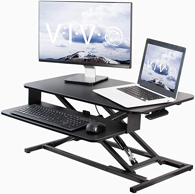 VIVO Black Height Adjustable 32 inch Economic Standing Desk Converter with Pneumatic Spring | Sit Stand Dual Monitor and Laptop Riser Workstation (DESK-V000S)