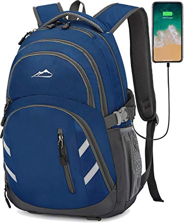 Backpack Bookbag for School Student College Business Travel with USB Charging Port Fit Laptop Up to 15.6 Inch Night Light Reflective Anti Theft (Blue)