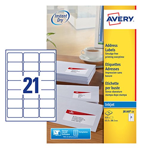 Avery Self Adhesive Address Mailing Labels, Inkjet Printers, 21 Labels per A4 Sheet, 525 labels, QuickDRY (J8160)