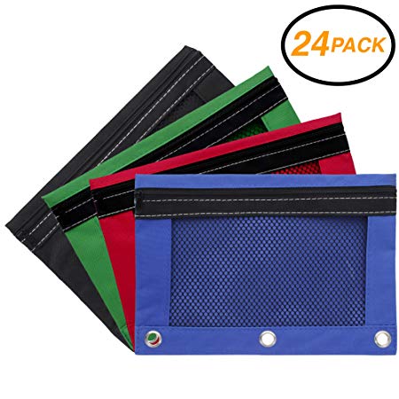 Emraw Zippered Pencil Pouches with 3-Ring Grommet Holes & Quick View Mesh Pocket - Colors Included: Black, Green, Red, Blue (24 Pack)