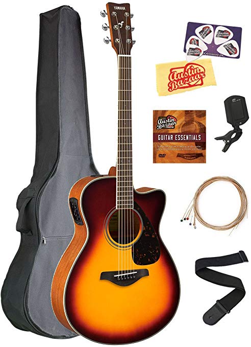 Yamaha FSX820C Small Body Acoustic-Electric Guitar Bundle with Gig Bag, Tuner, Strap, Instructional DVD, Strings, Picks, and Polishing Cloth - Brown Sunburst