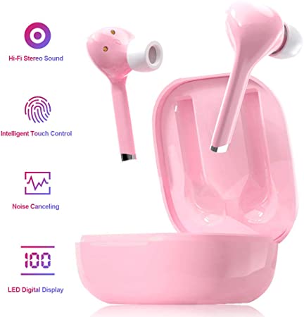Wireless Bluetooth 5.0 Earbuds Headset Mini in-Ear Noise Canceling Sport Headphones with Charging Case,TWS Stereo Touch Control Waterproof Earphones Built-in Mic for Workout/Running/Gym (Pink)