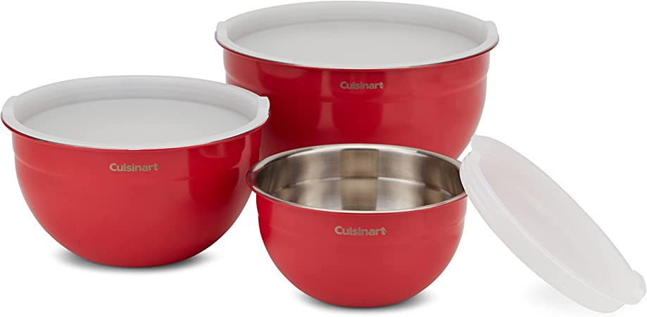 Cuisinart CTG-00-SMBR Stainless Steel Mixing Bowls with Lids, Set of 3 , Red