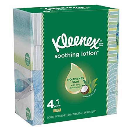 Kleenex Soothing Lotion Facial Tissues, 65 Tissues per Cube Box, 4 Pack (260 Tissues Total)