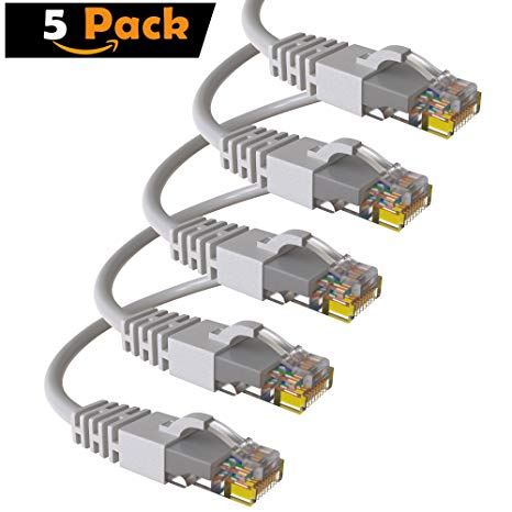 Maximm Cat6 Snagless Ethernet Cable - 0.6 Foot - Grey - [5 Pack] - Pure Copper - UL Listed - Cable Ties Included