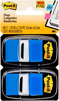 Post-it Flags, 50/Dispenser, 2 Dispensers/Pack, 1 in Wide, Bright Blue (680-BE2)