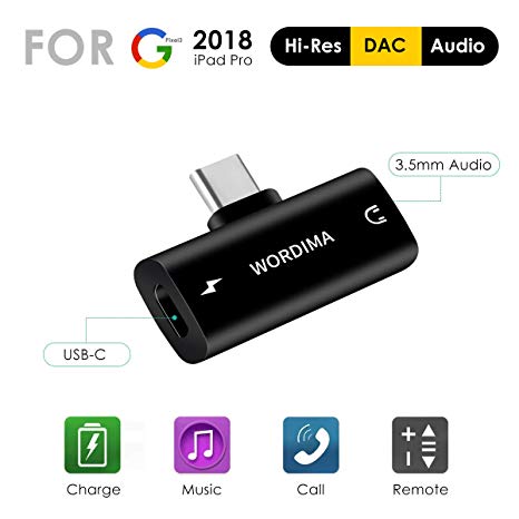 WORDIMA USB C to 3.5 mm AUX Adapter 2in1 Digital and Headphone Fast Charger QC PD Adapter with DAC Hi-Res Compatible with Google Pixel 2/2XL/3/3XL, iPad Pro 2018, HTC Phone Aux to USB C
