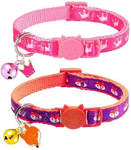 EXPAWLORER Cat Collar Breakaway with Bell - 2 Pcs Pattern of Fox and Crown Safety Kitten Puppy Collars Adjustable of 8" - 12"