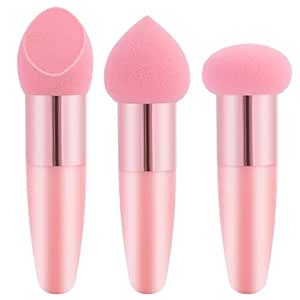 3 Pcs Makeup Foundation Sponge Pink Beauty Blender Sponge Makeup Sponge Cosmetic Powder Puff Concealer Face Brush with Handle Beauty Sponge Applicator Makeup Brush