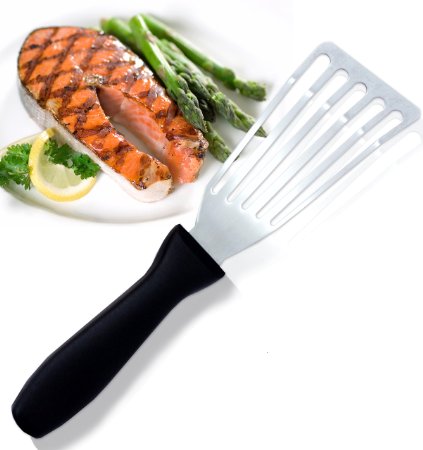 Dynamic Chef Stainless Steel Fish Spatula - Slotted and Beveled Fish Turner with 6 12 Inch Blade - Comfortable Plastic Handle