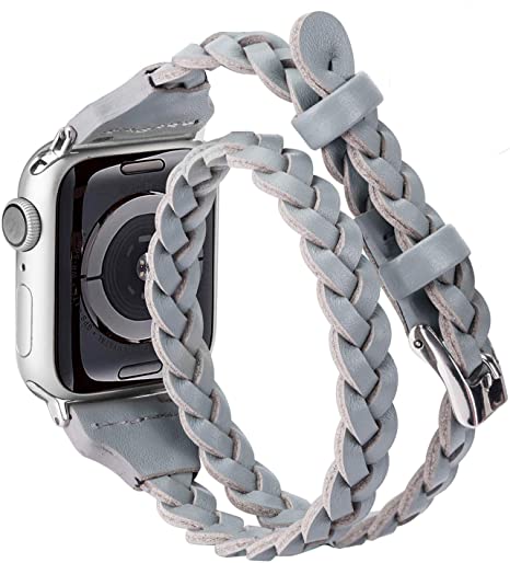 Moolia Double Leather Band Compatible with Apple Watch 38mm 40mm, Women Girls Woven Slim Leather Watch Strap Double Tour Bracelet Replacement for iWatch Series 5 4 3 2 1 (Gray, 38mm/40mm)