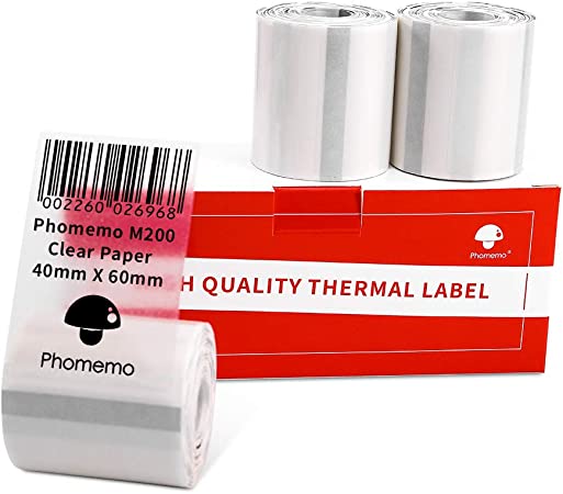 Phomemo 3 Roll Transparent 1 1/2" X 2 1/4" (40mm x 60mm) Multi-Purpose Clear Self-Adhesive Label for Phomemo M200/M110S/M220 Label Maker,130 Labels/Roll,Black on Clear