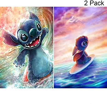 2 Pack 5D Full Drill Diamond Painting Kit, KISSBUTY DIY Diamond Rhinestone Painting Kits for Adults and Beginner Diamond Arts Craft Decor, 15.8 X 11.8 Inch (Cartoon Surf Stitch Diamond Painting)