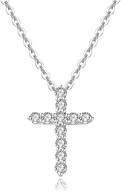 Carleen 14K Solid White Gold 0.2Cttw Real Genuine Diamond Small Little Tiny Cross Pendant Necklace Jewelry Gifts For Women Girls, 16"   2" Extender Gold Chains