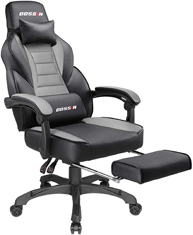 BOSSIN Racing Style Gaming Chair Office Computer Desk Chair with Footrest and Headrest, Ergonomic Design, Large Size High-Back E-Sports Chair, PU Leather Swivel Chair (Gray-FBA)